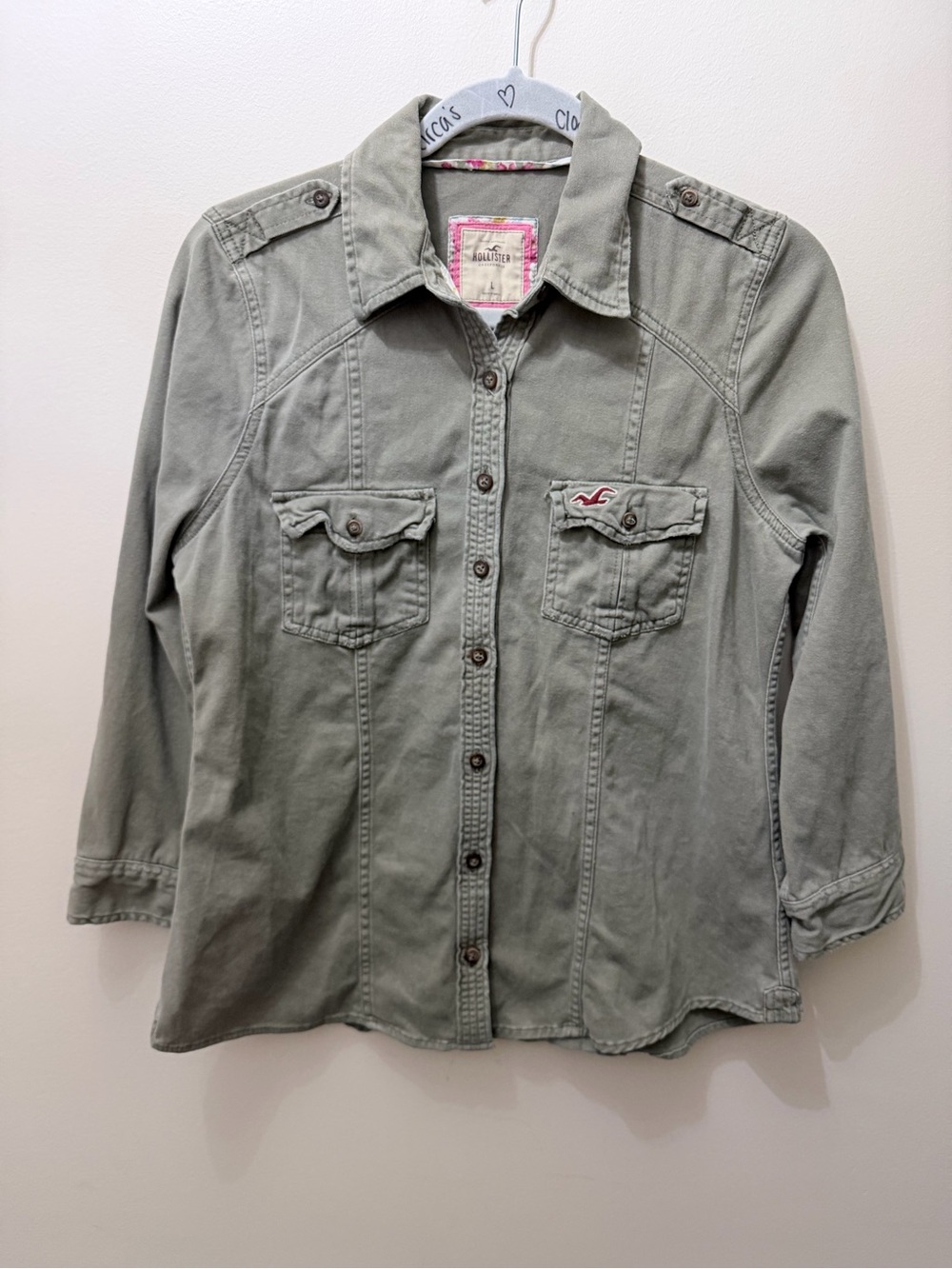 Y2K Hollister Army Forrest Green Shacket Button Up Shirt Pockets Blazer L Preppy